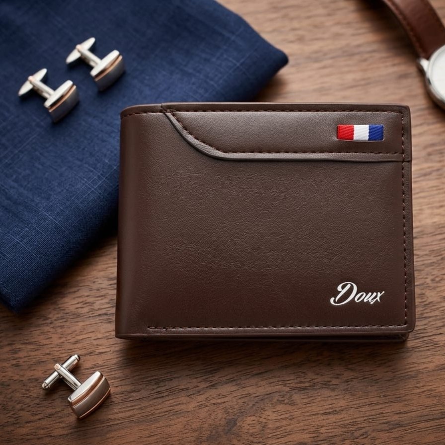DOUX Men's Premium Chocolate Brown Leather Bifold Wallet